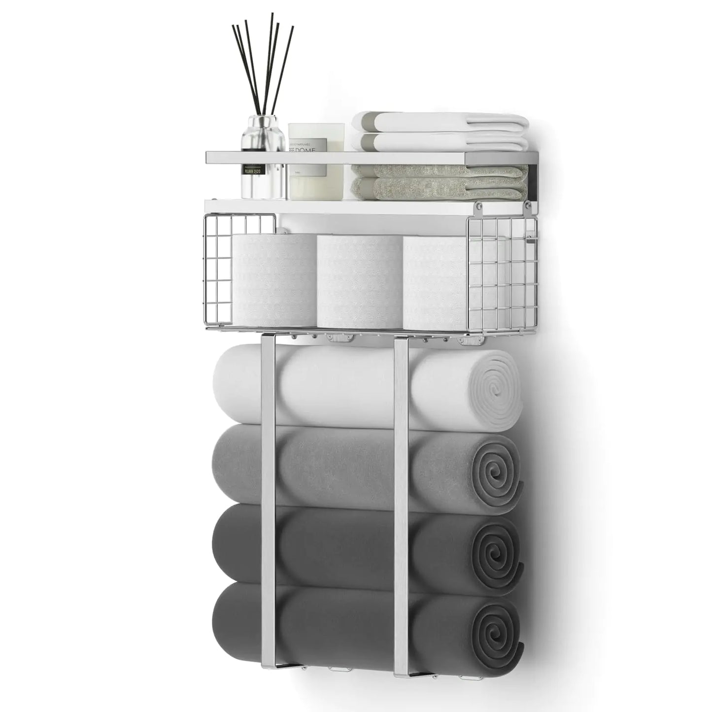 Towel Racks for Bathroom Bathroom Shelf Over Toilet Floating Shelves with Towel Rack Paper Holder Storage BasketFloating Shelves for Wall DecorSilver